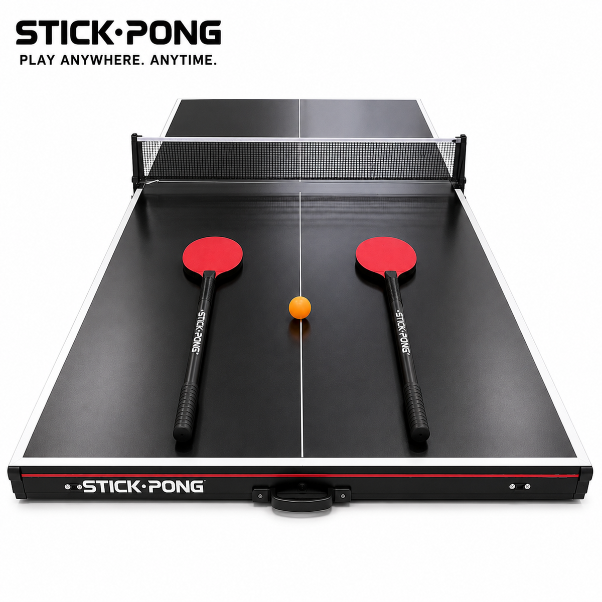 Stick Pong board in play mode with net, two red long-shaft paddles, and an orange ball