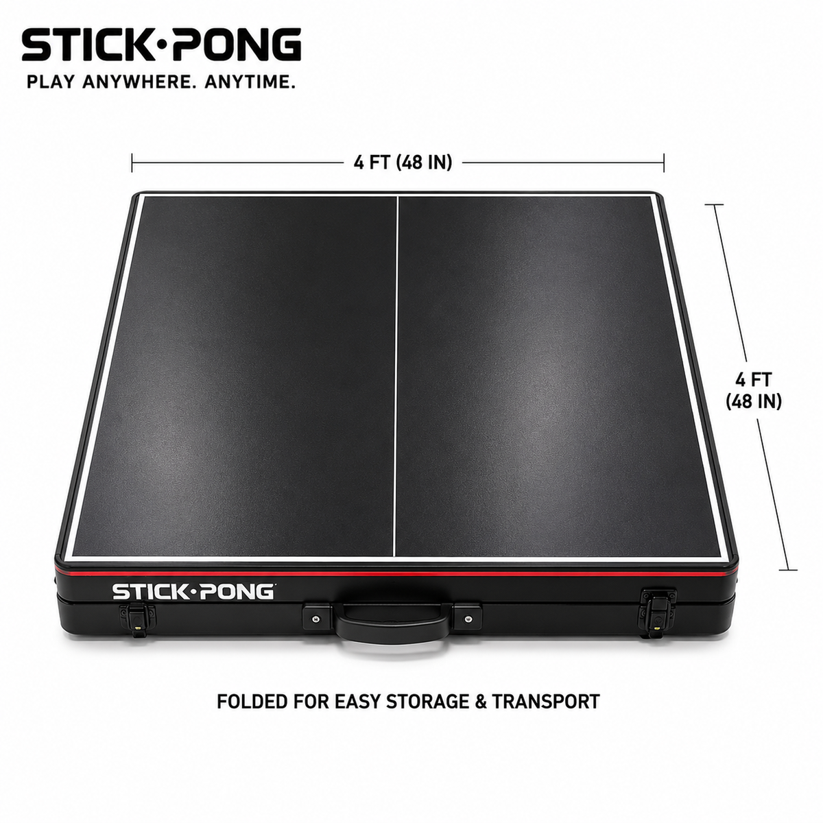 Folded Stick Pong board showing 4 ft / 48 in storage dimensions