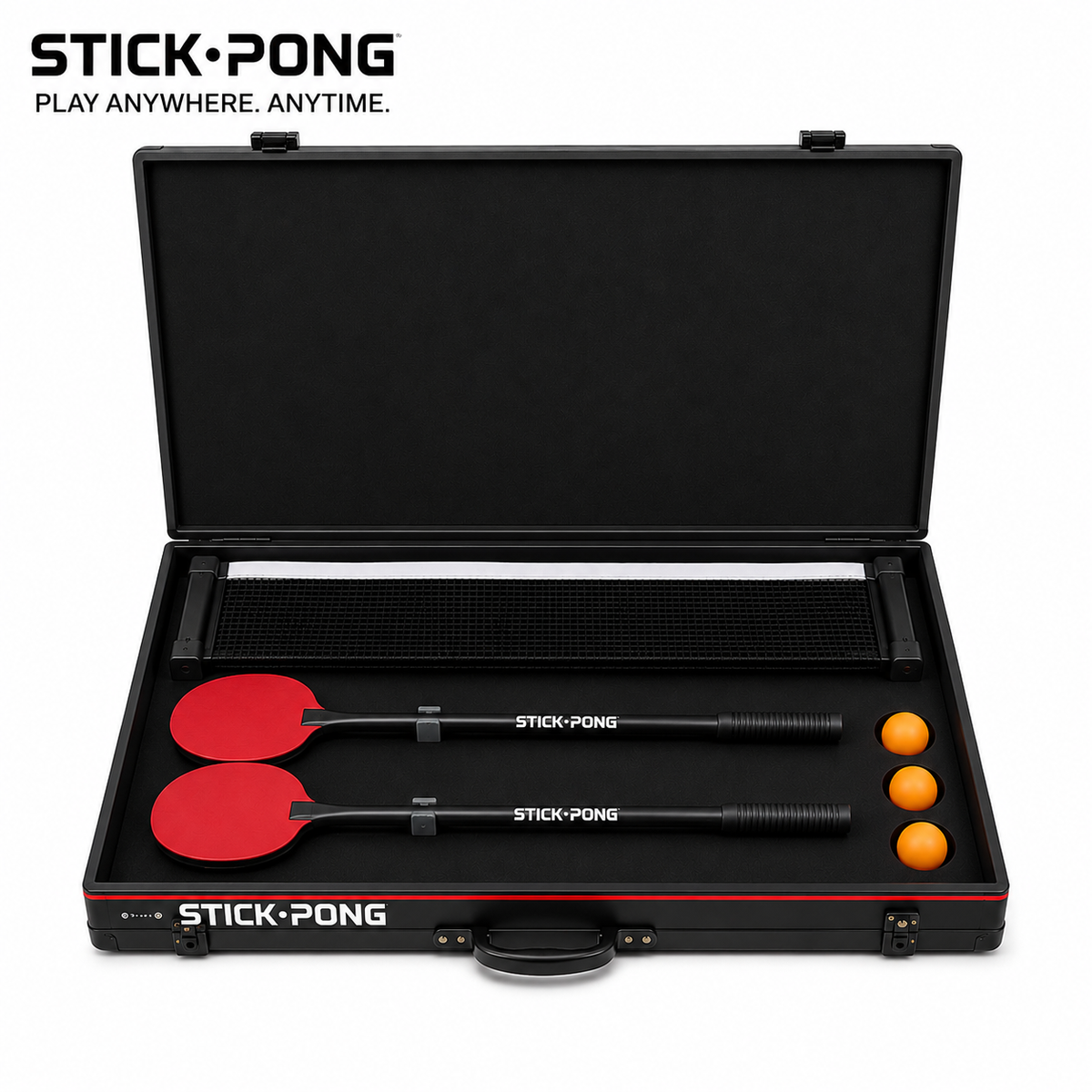 Open Stick Pong carrying case containing net, two red paddles, and three orange balls