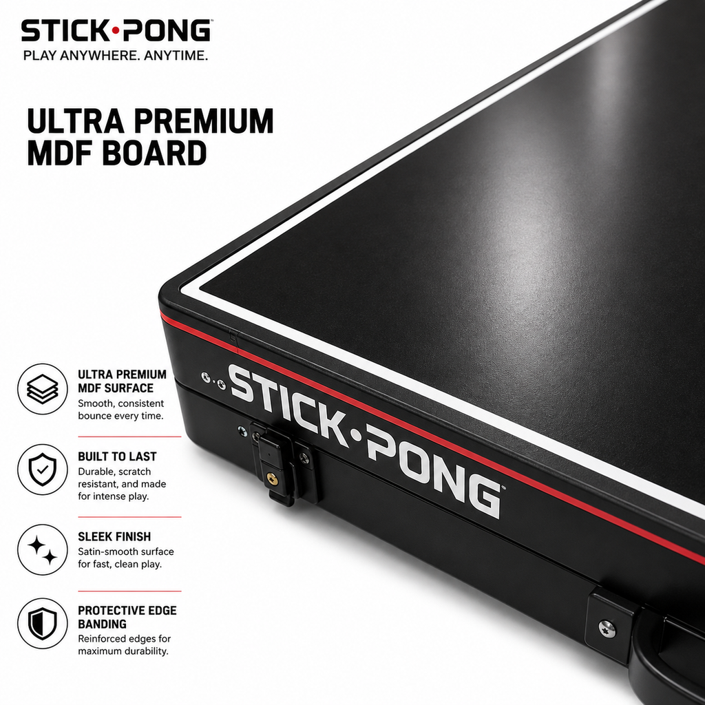Close-up of ultra premium MDF Stick Pong board with feature callouts